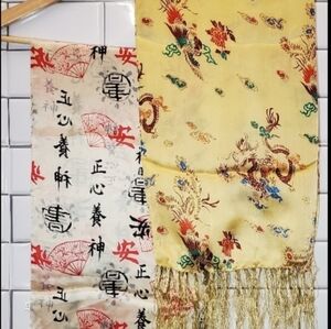 Lot Of 2 Ladies 100% Silk Asian Print Scarves Rectangle Shape Fringe Trim Color